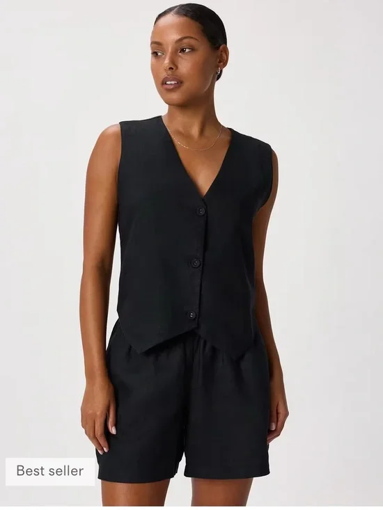 Quince European Sleeveless V-Neck Button Front Black Linen Vest - Picture 1 of 8